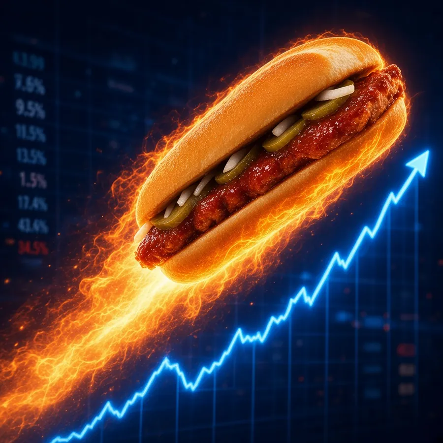 Flaming rib sandwich rocketing up a blue chart
