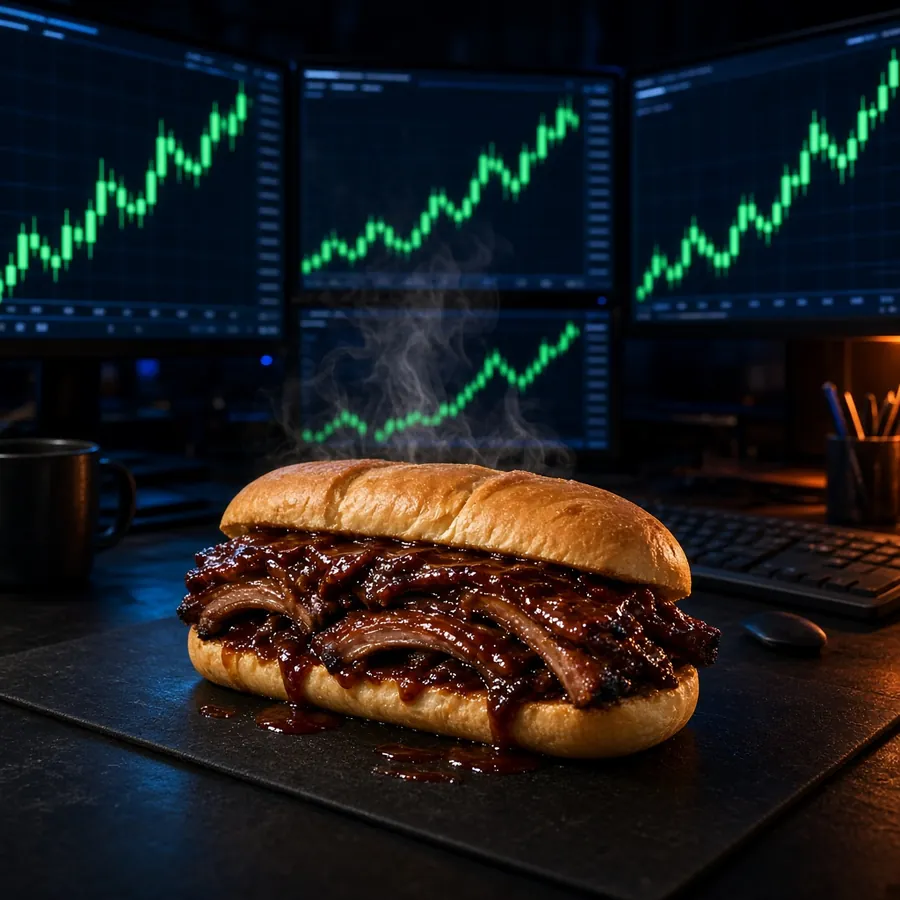 BBQ rib sandwich in front of trading monitors with green candles