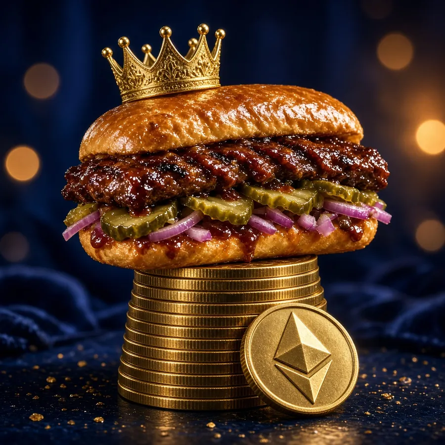 Crowned rib sandwich on a stack of gold coins with an Ethereum coin