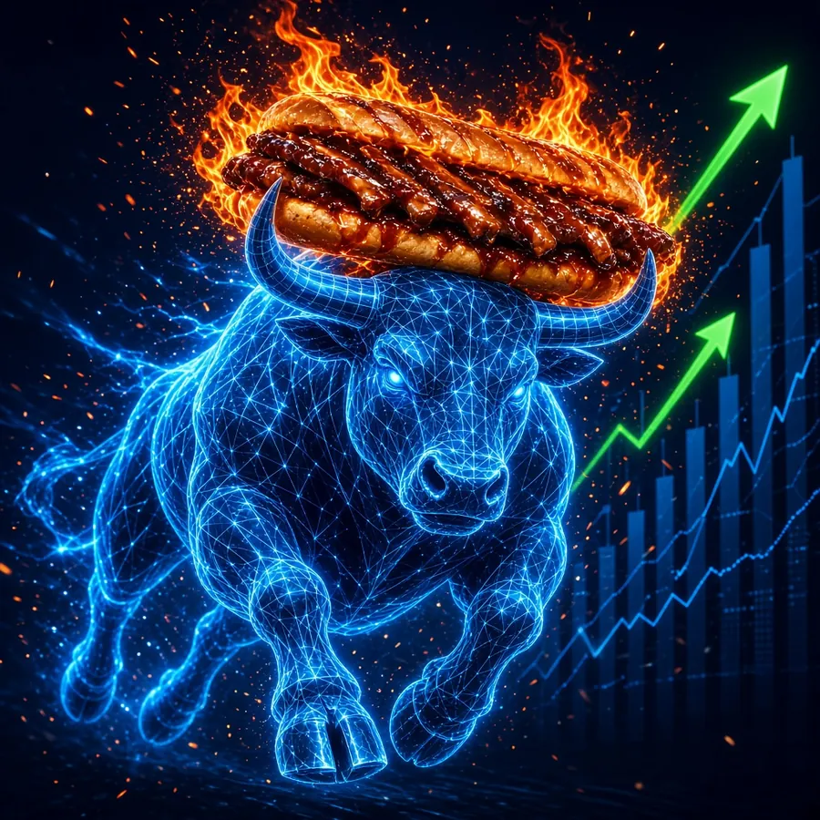 Glowing blue bull charging with a flaming rib sandwich on its horns