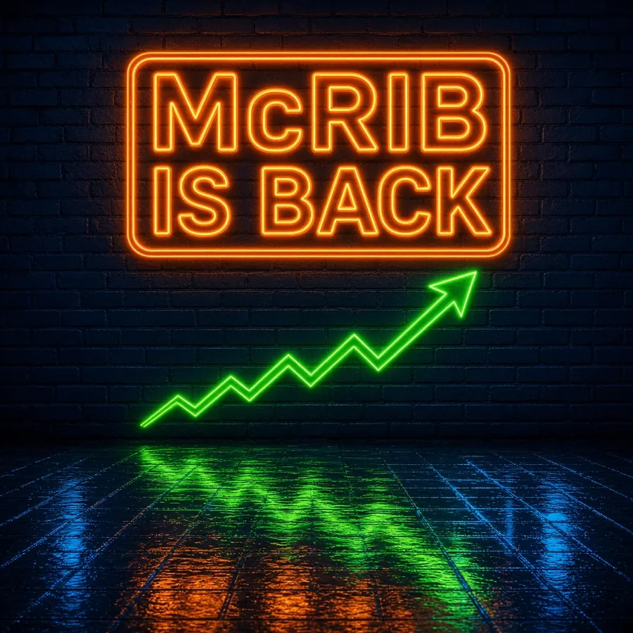 Orange neon sign reading McRIB IS BACK above a green rising arrow