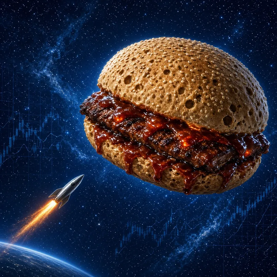 Rocket flying toward a giant sandwich-shaped moon in space